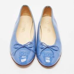 Chanel Blue Patent Leather CC Bow Cap Toe Ballet Flats Size 39