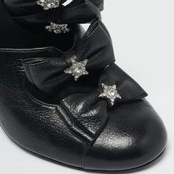 Pre Owned Chanel Black Leather Crystal Star Bow Booties Size 39.5