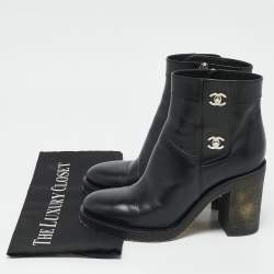 Chanel Dark Black Leather CC Turn-Lock Block Heel Ankle Boots Size 38.5