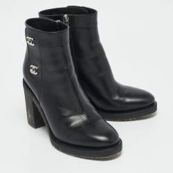 Chanel Dark Black Leather CC Turn-Lock Block Heel Ankle Boots Size 38.5