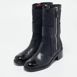 Chanel Black Leather and Patent Midcalf Boots Size 39