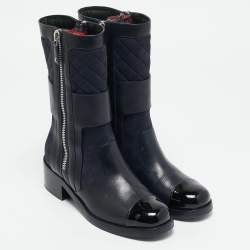 Chanel Black Leather and Patent Midcalf Boots Size 39