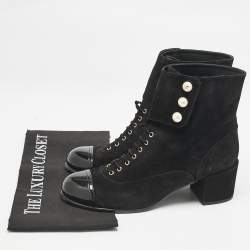 Chanel Black Suede and Patent Leather Cap Toe CC Pearl Ankle Boots Size 40