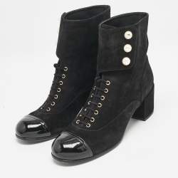 Chanel Black Suede and Patent Leather Cap Toe CC Pearl Ankle Boots Size 40