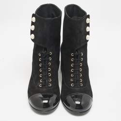 Chanel Black Suede and Patent Leather Cap Toe CC Pearl Ankle Boots Size 40