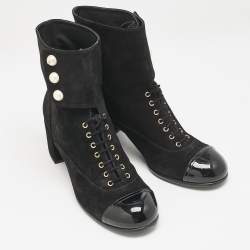 Chanel Black Suede and Patent Leather Cap Toe CC Pearl Ankle Boots Size 40