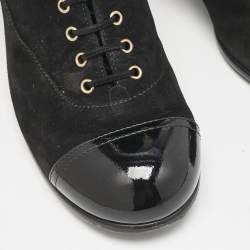 Chanel Black Suede and Patent Leather Cap Toe CC Pearl Ankle Boots Size 40