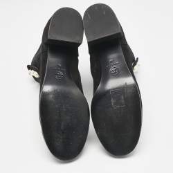Chanel Black Suede and Patent Leather Cap Toe CC Pearl Ankle Boots Size 40