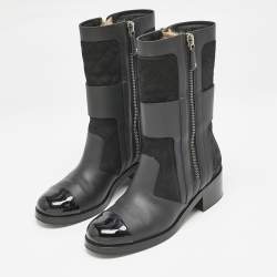 Chanel Black Leather CC Zipper Detail Moto Boots Size 39 