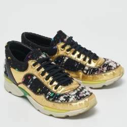 Chanel Multicolor Tweed and Leather Lace Up Sneakers Size 38