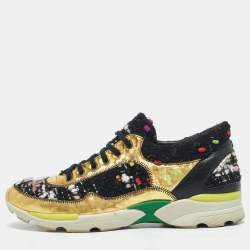 Chanel Multicolor Tweed and Leather Lace Up Sneakers Size 38