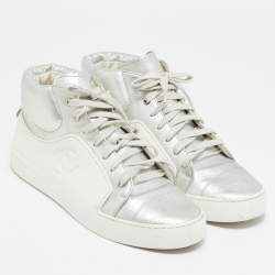 Chanel White/Silver Leather and Rubber High Top Sneakers Size 38