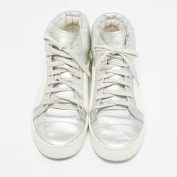 Chanel White/Silver Leather and Rubber High Top Sneakers Size 38