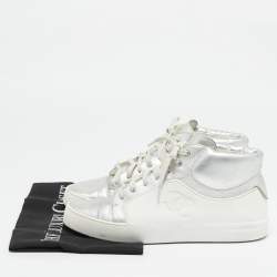 Chanel White/Silver Leather and Rubber High Top Sneakers Size 38