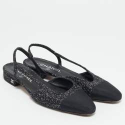 Chanel White/Black Tweed and Canvas CC Toe Slingback Sandals Size 38.5