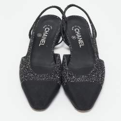 Chanel White/Black Tweed and Canvas CC Toe Slingback Sandals Size 38.5