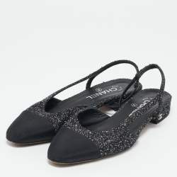Chanel White/Black Tweed and Canvas CC Toe Slingback Sandals Size 38.5
