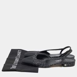 Chanel White/Black Tweed and Canvas CC Toe Slingback Sandals Size 38.5