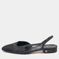 Chanel White/Black Tweed and Canvas CC Toe Slingback Sandals Size 38.5