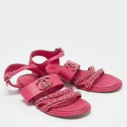 Pre Owned Chanel Red Leather CC Chain Detail Ankle Strap Sandals Size 38.5