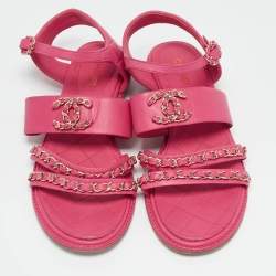 Pre Owned Chanel Red Leather CC Chain Detail Ankle Strap Sandals Size 38.5