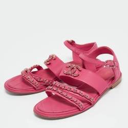 Pre Owned Chanel Red Leather CC Chain Detail Ankle Strap Sandals Size 38.5