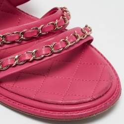 Pre Owned Chanel Red Leather CC Chain Detail Ankle Strap Sandals Size 38.5