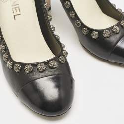 Chanel Black Leather CC Camelia Stud Cap Toe Pumps Size 38