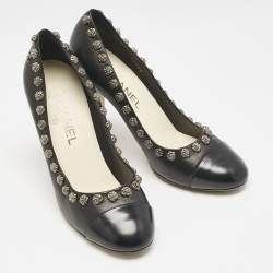 Chanel Black Leather CC Camelia Stud Cap Toe Pumps Size 38