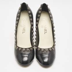 Chanel Black Leather CC Camelia Stud Cap Toe Pumps Size 38
