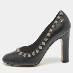 Chanel Black Leather CC Camelia Stud Cap Toe Pumps Size 38