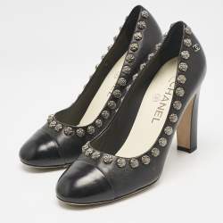 Chanel Black Leather CC Camelia Stud Cap Toe Pumps Size 38