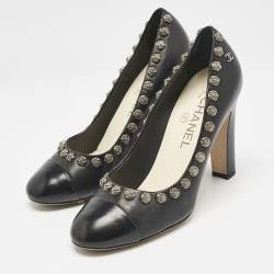 Chanel Black Leather CC Camelia Stud Cap Toe Pumps Size 38