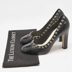 Chanel Black Leather CC Camelia Stud Cap Toe Pumps Size 38