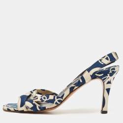 Chanel Blue/White Printed Canvas Slingback Sandals Size 39.5