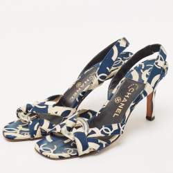 Chanel Blue/White Printed Canvas Slingback Sandals Size 39.5