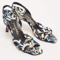Chanel Blue/White Printed Canvas Slingback Sandals Size 39.5