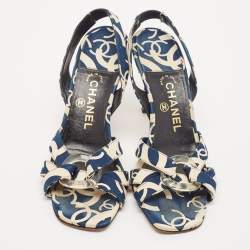 Chanel Blue/White Printed Canvas Slingback Sandals Size 39.5