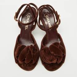 Chanel Dark Brown Velvet Ankle Strap Sandals Size 36.5