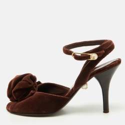 Chanel Dark Brown Velvet Ankle Strap Sandals Size 36.5