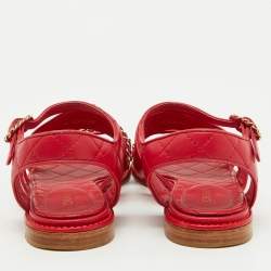 Chanel Red Leather CC Chain Detail Ankle Strap Flat Sandals Size 39.5