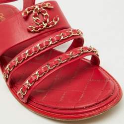 Chanel Red Leather CC Chain Detail Ankle Strap Flat Sandals Size 39.5