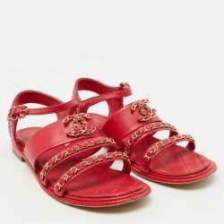 Chanel Red Leather CC Chain Detail Ankle Strap Flat Sandals Size 39.5