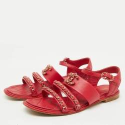 Chanel Red Leather CC Chain Detail Ankle Strap Flat Sandals Size 39.5