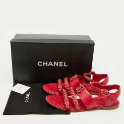 Chanel Red Leather CC Chain Detail Ankle Strap Flat Sandals Size 39.5