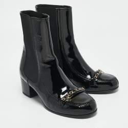 Chanel Black Patent Leather CC Chain Detail Ankle Boots Size 39