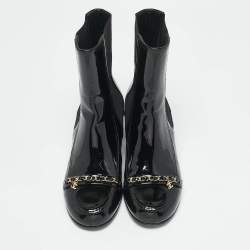 Chanel Black Patent Leather CC Chain Detail Ankle Boots Size 39