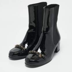 Chanel Black Patent Leather CC Chain Detail Ankle Boots Size 39