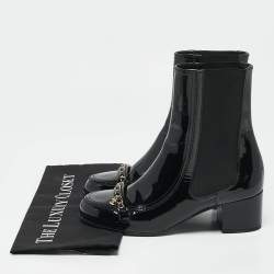 Chanel Black Patent Leather CC Chain Detail Ankle Boots Size 39