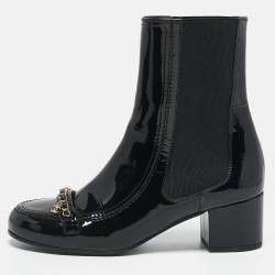 Chanel Black Patent Leather CC Chain Detail Ankle Boots Size 39
